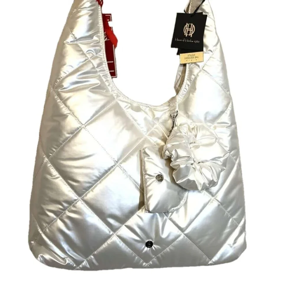 HOUSE OF HARLOW 1960 WHITE/ PEARL QUILTED PUFFER HOBO SET - NWT - Picture 2 of 7